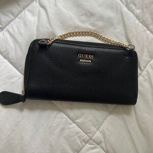 GUESS Black Pebbled Leather Wallet with Gold Chain Accent